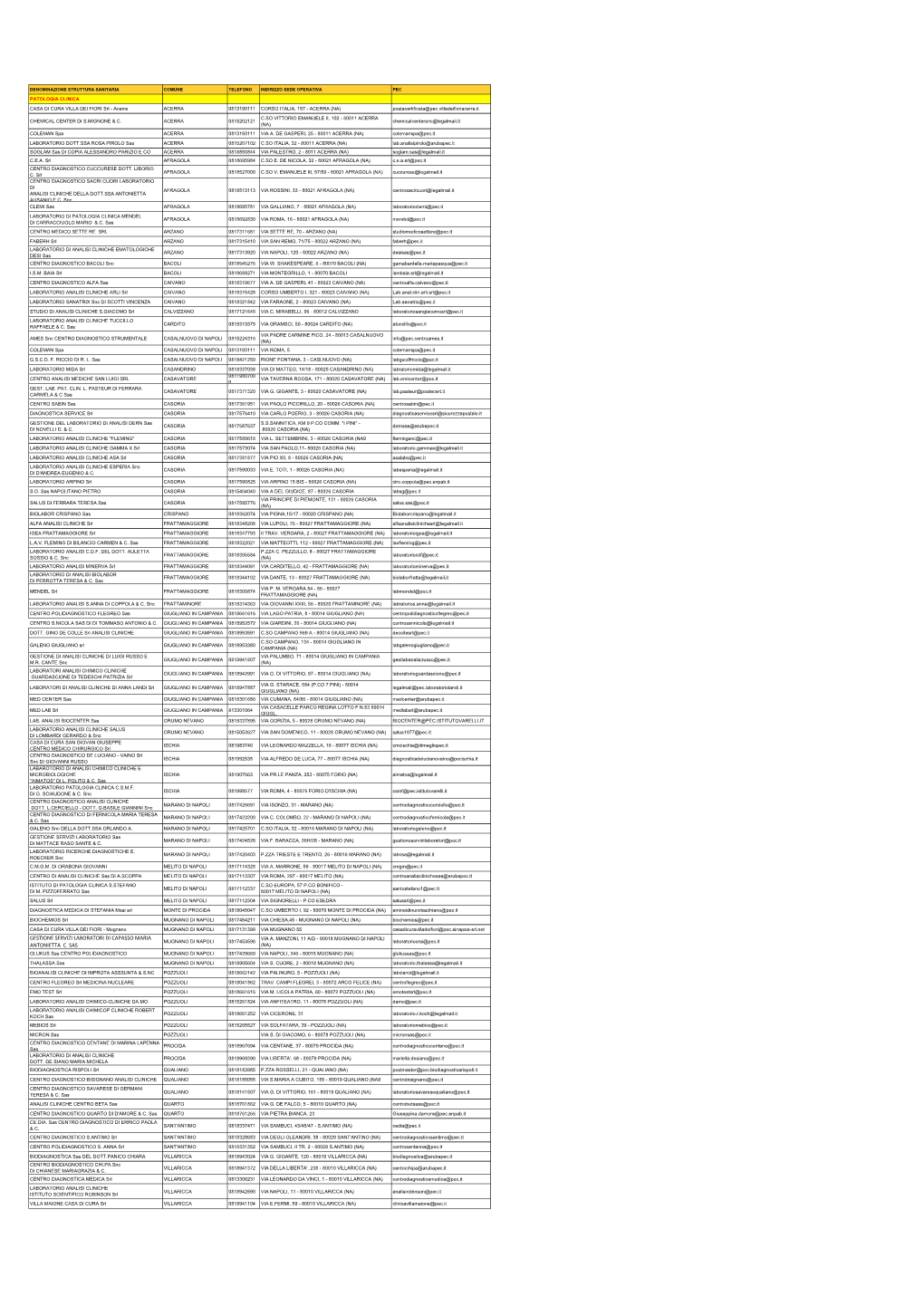 Denominazione Struttura Sanitaria Comune Telefono Indirizzo Sede Operativa Pec