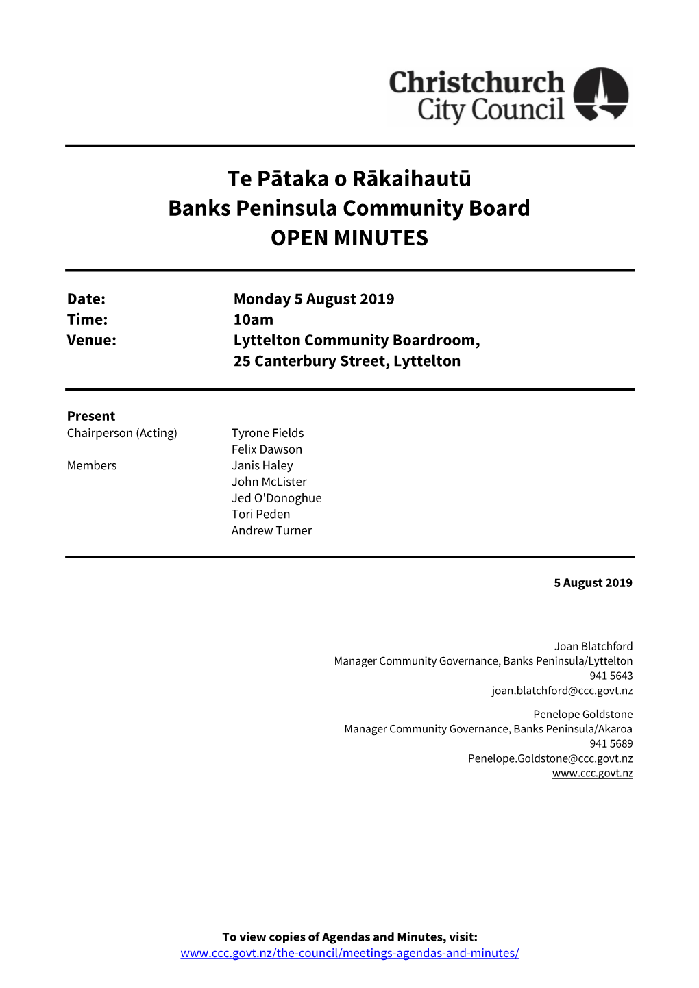 Te Pātaka O Rākaihautū Banks Peninsula Community Board OPEN MINUTES