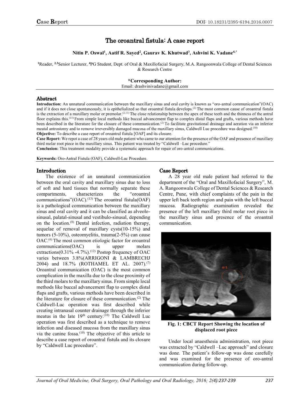 The Oroantral Fistula: a Case Report