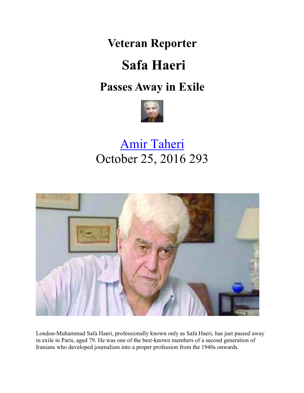 Safa Haeri Passes Away in Exile