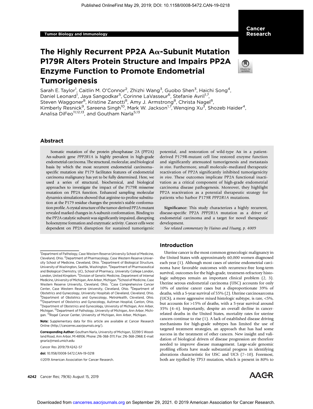 The Highly Recurrent PP2A Aa-Subunit Mutation P179R Alters Protein Structure and Impairs PP2A Enzyme Function to Promote Endometrial Tumorigenesis Sarah E