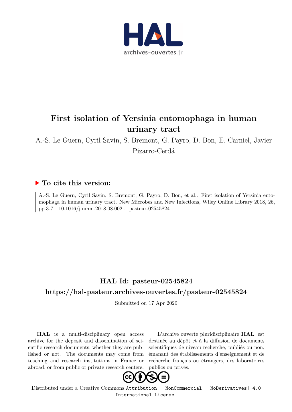 First Isolation of Yersinia Entomophaga in Human Urinary Tract A.-S