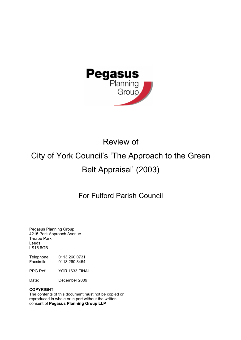 Review of City of York Council's 'The Approach to the Green Belt Appraisal'
