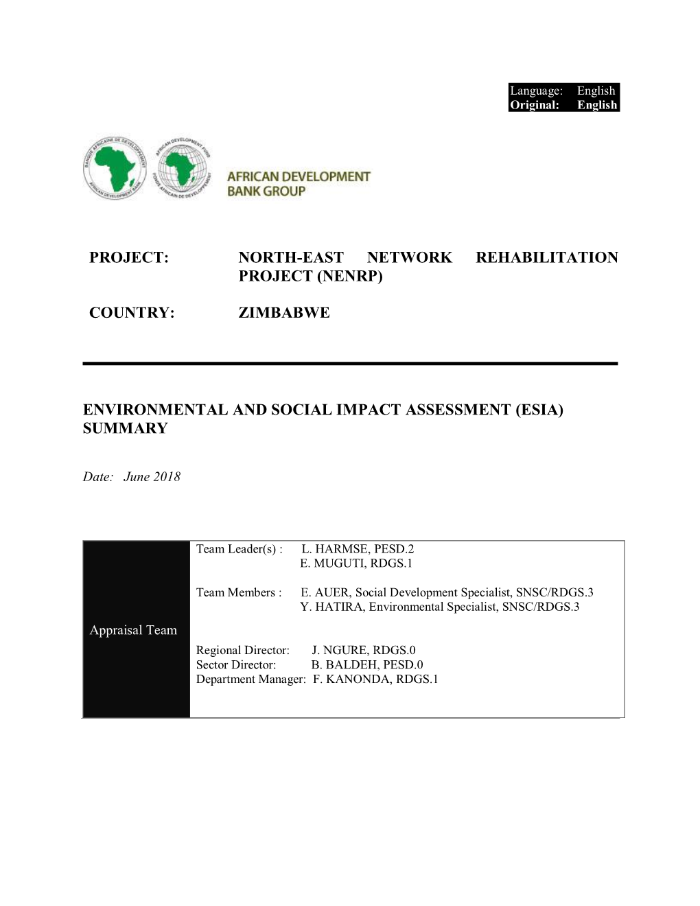 Country: Zimbabwe Environmental and Social Impact Assessment (Esia)