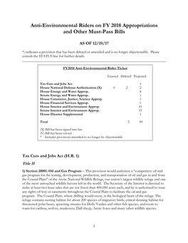 Anti-Environmental Riders on FY 2018 Appropriations and Other Must-Pass Bills