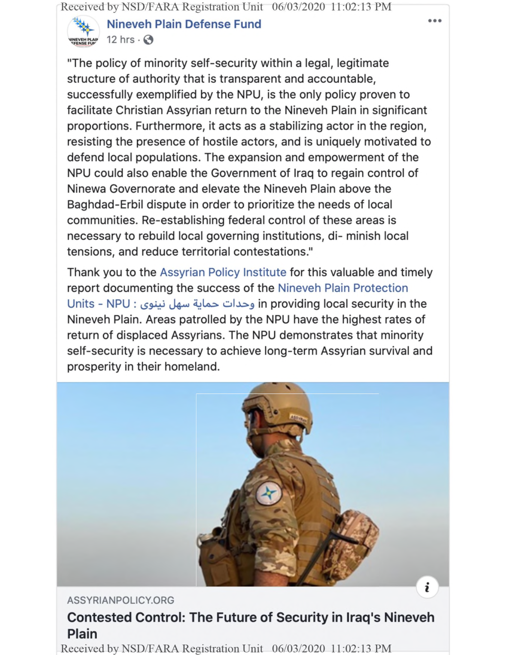 The Future of Security in Iraq's Nineveh Plain - DocsLib