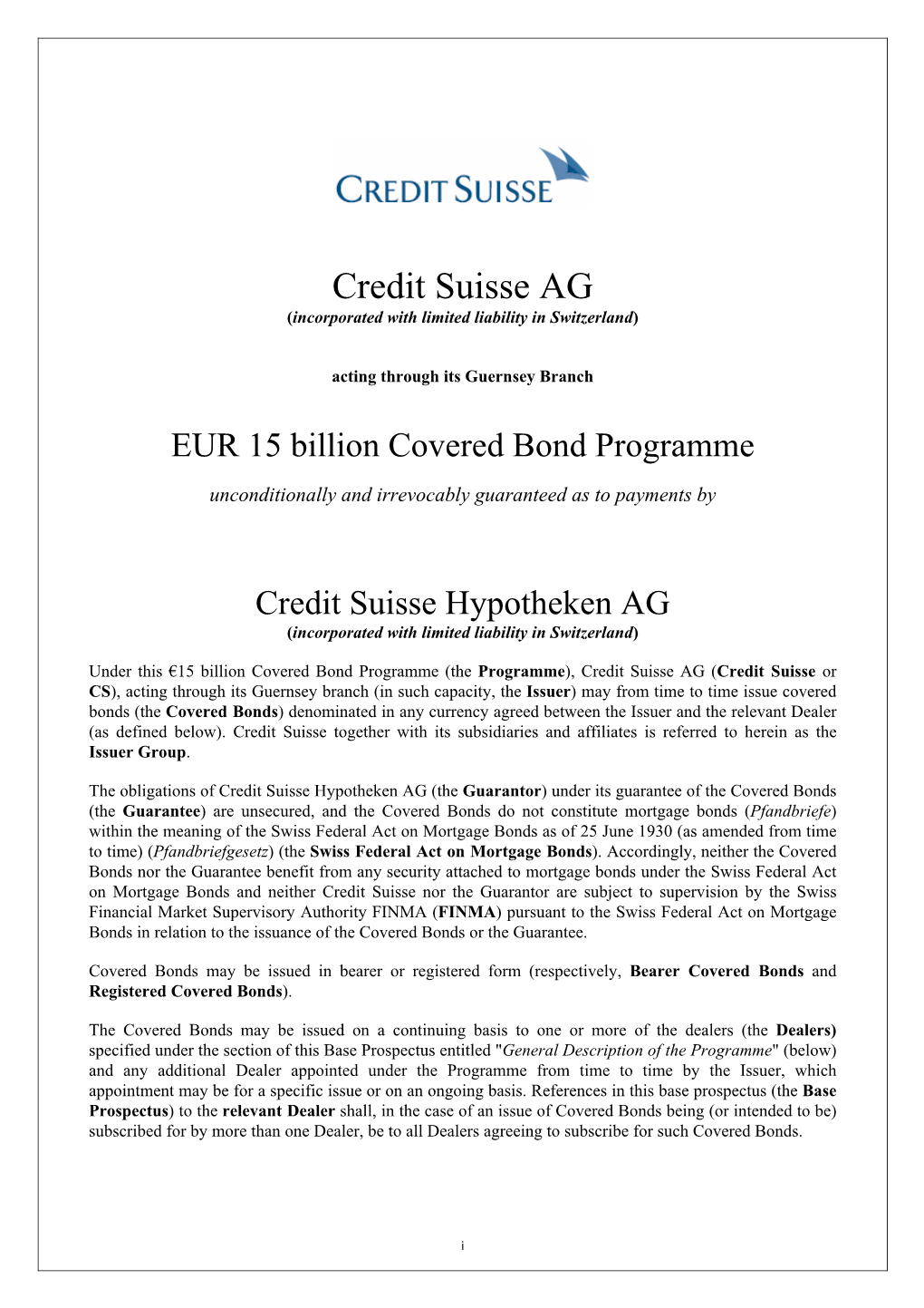 Credit Suisse AG (Incorporated with Limited Liability in Switzerland)