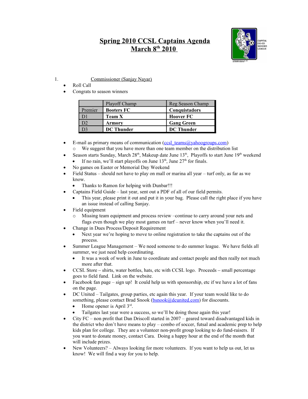 Fall 2009 CCSL Captains Agenda