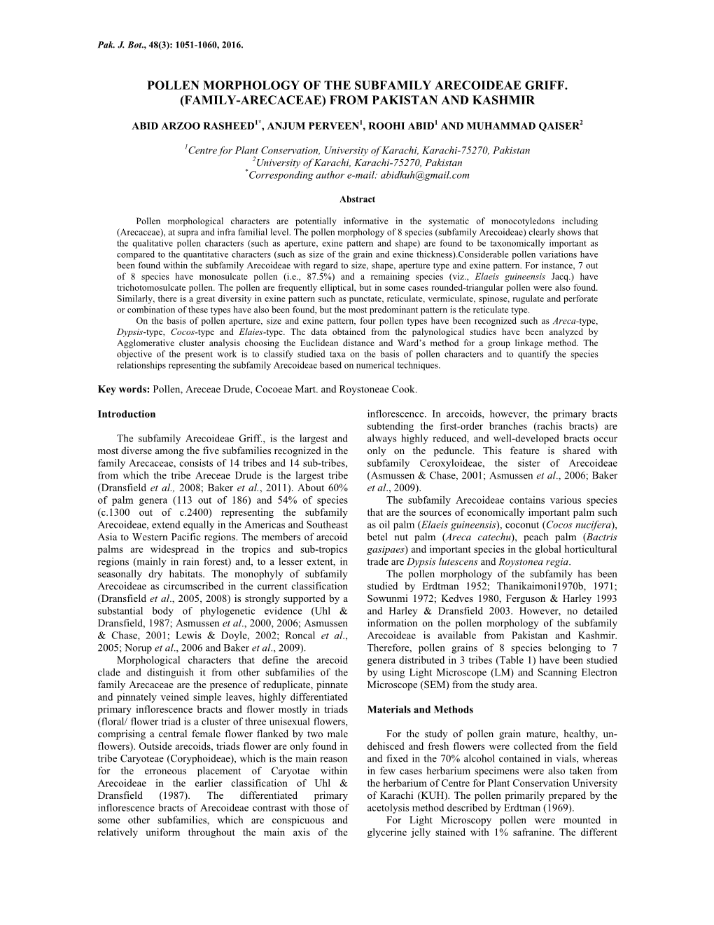 Pollen Morphology of the Subfamily Arecoideae Griff. (Family-Arecaceae) from Pakistan and Kashmir