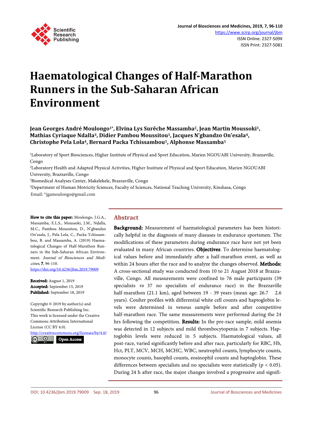 Haematological Changes of Half-Marathon Runners in the Sub-Saharan African Environment