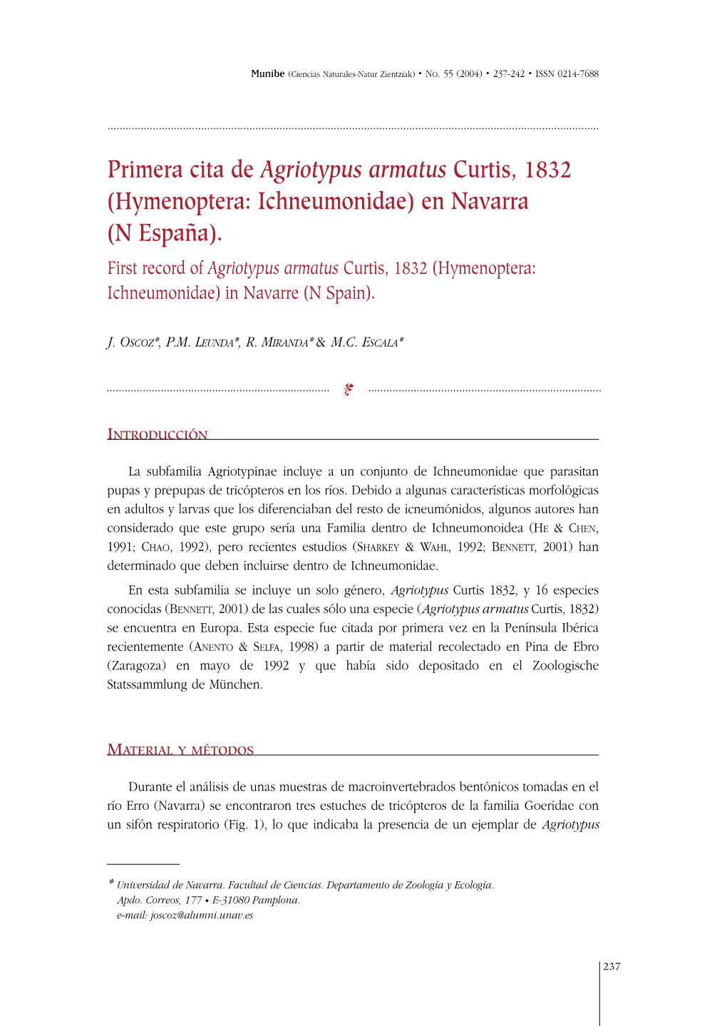 Primera Cita De Agriotypus Armatus Curtis, 1832 (Hymenoptera: Ichneumonidae) En Navarra (N España)