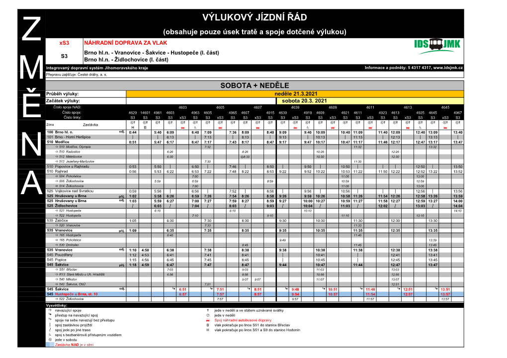 VÝLUKOVÝ JÍZDNÍ ŘÁD (Obsahuje Pouze Úsek Tratě a Spoje Dotčené Výlukou) Z Xs3 NÁHRADNÍ DOPRAVA ZA VLAK Brno Hl.N