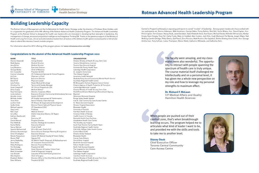 Rotman Advanced Health Leadership Program