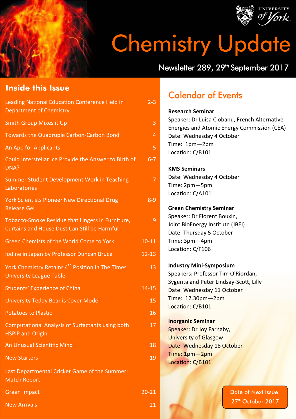 Chemistry Update Newsletter 289, 29Th September 2017