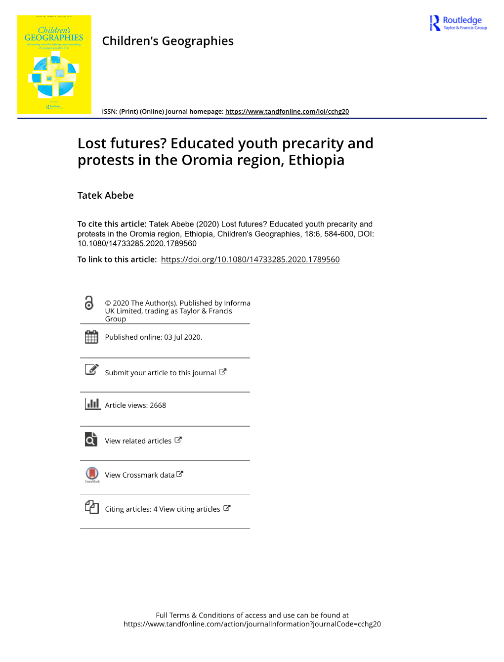 Educated Youth Precarity and Protests in the Oromia Region, Ethiopia