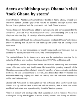Accra Archbishop Says Obama's Visit 'Took Ghana by Storm'
