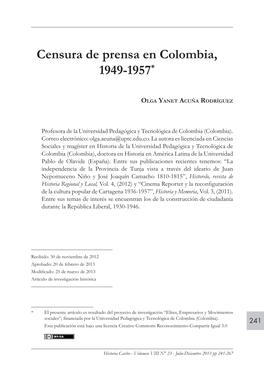 Censura De Prensa En Colombia, 1949-1957*