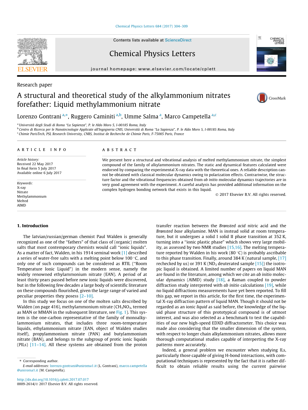 Liquid Methylammonium Nitrate ⇑ Lorenzo Gontrani A, , Ruggero Caminiti A,B, Umme Salma A, Marco Campetella A,C a Università Degli Studi Di Roma ‘‘La Sapienza”, P