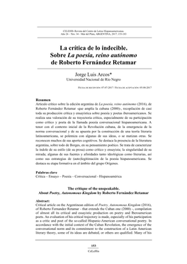 La Crítica De Lo Indecible. Sobre La Poesía, Reino Autónomo De Roberto Fernández Retamar