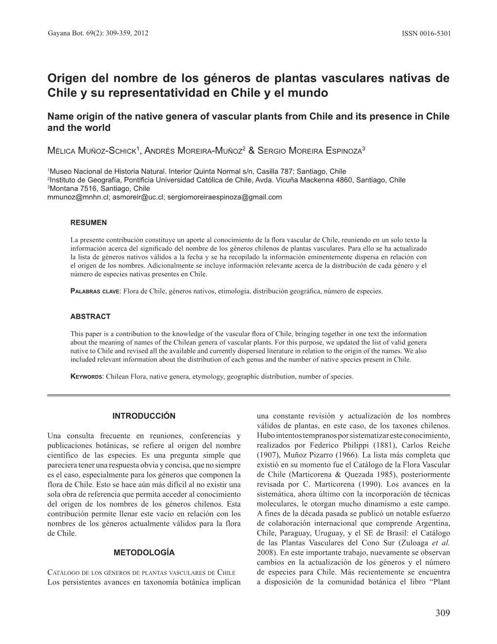 Origen Del Nombre De Los Géneros De Plantas Vasculares Nativas De Chile Y Su Representatividad En Chile Y El Mundo