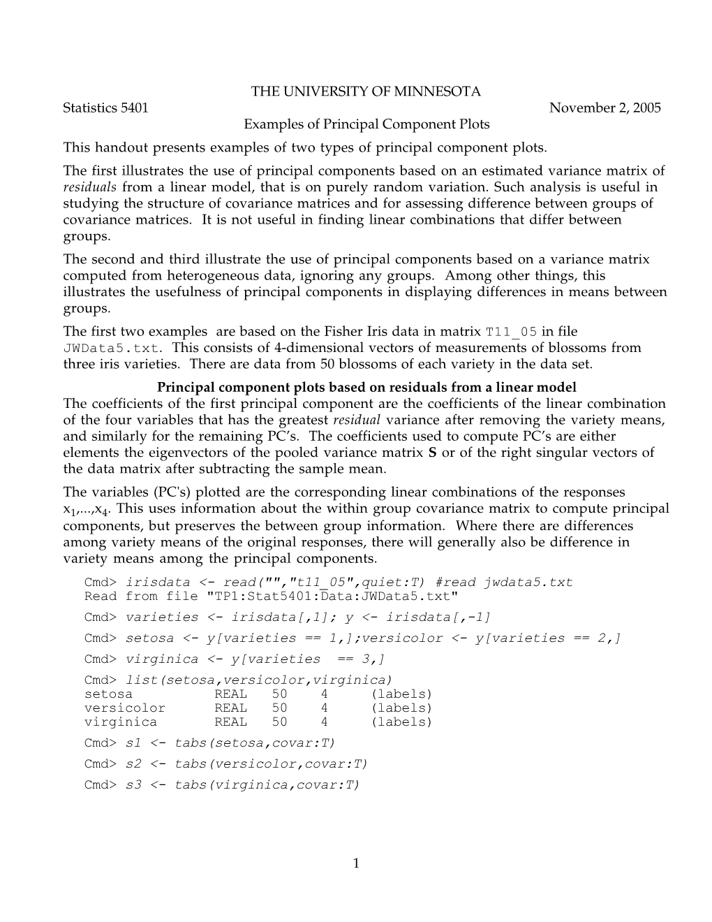 Examples of Principal Component Plots This Handout Presents Examples of Two Types of Principal Component Plots