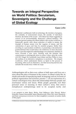 Towards an Integral Perspective on World Politics: Secularism, Sovereignty and the Challenge of Global Ecology