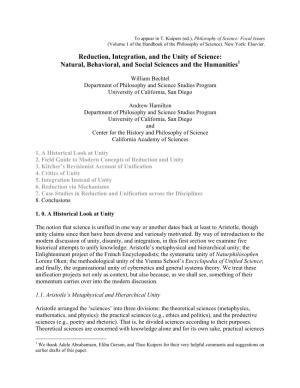 Reduction, Integration, and the Unity of Science: Natural, Behavioral, and Social Sciences and the Humanities1