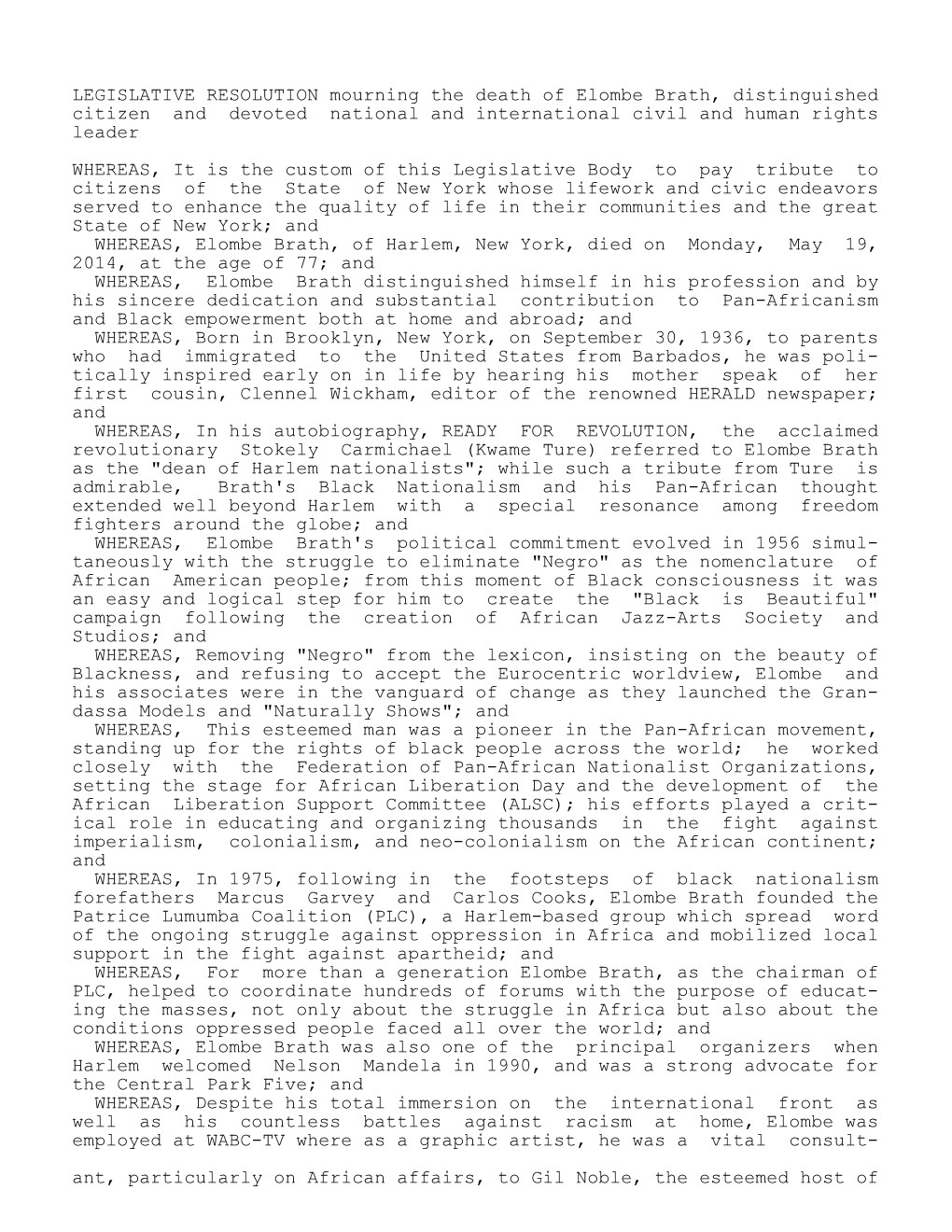 LEGISLATIVE RESOLUTION Mourning the Death of Elombe Brath, Distinguished Citizen and Devoted National and International Civil and Human Rights Leader