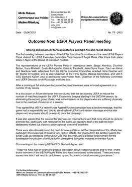 Outcome from UEFA Players Panel Meeting