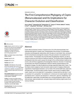 The First Comprehensive Phylogeny of Coptis (Ranunculaceae) and Its Implications for Character Evolution and Classification