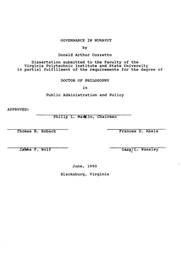 GOVERNANCE in NUNAVUT by Donald Arthur Cozzetto Dissertation