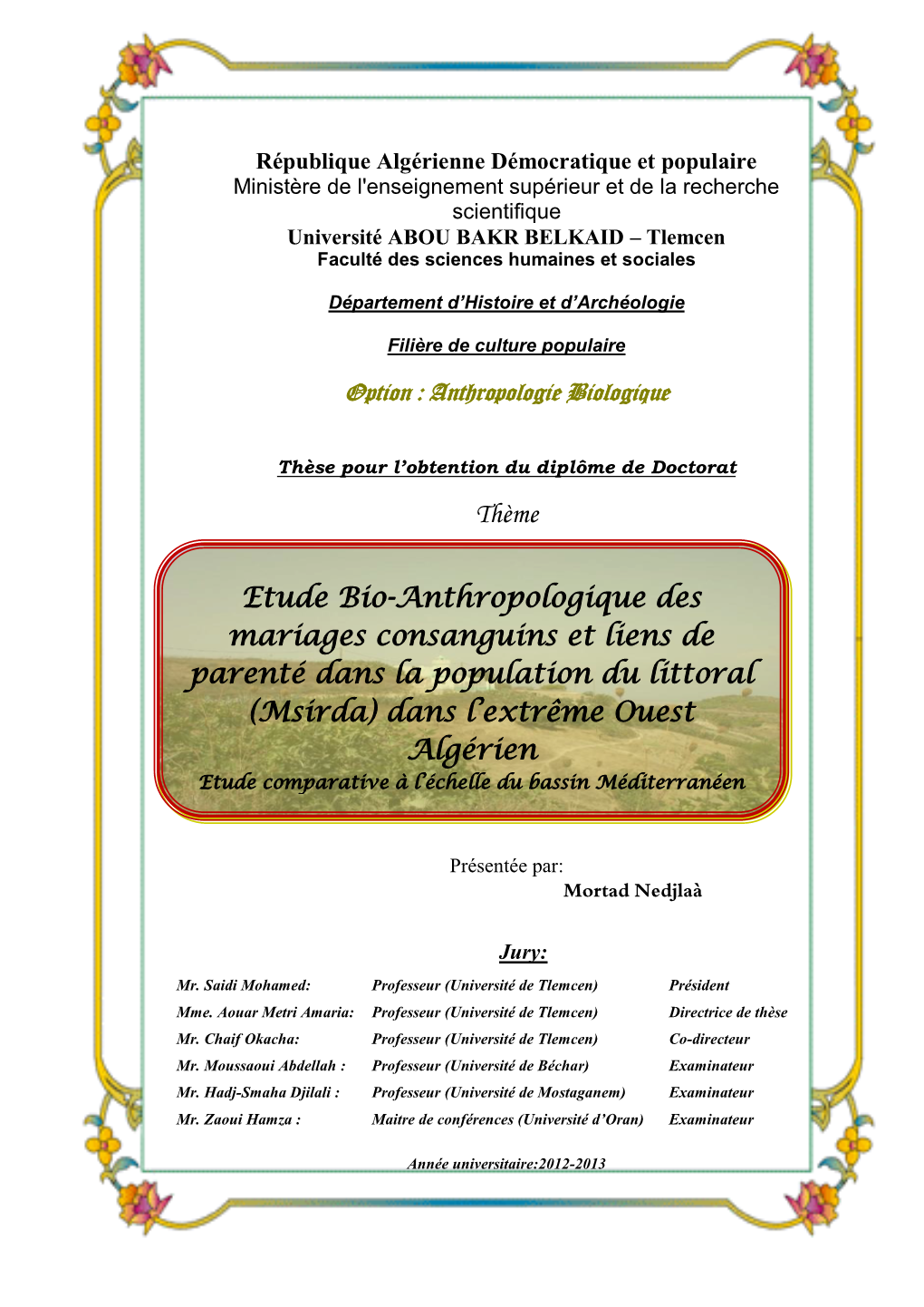 Thème Etude Bio-Anthropologique Des Mariages Consanguins Et Liens