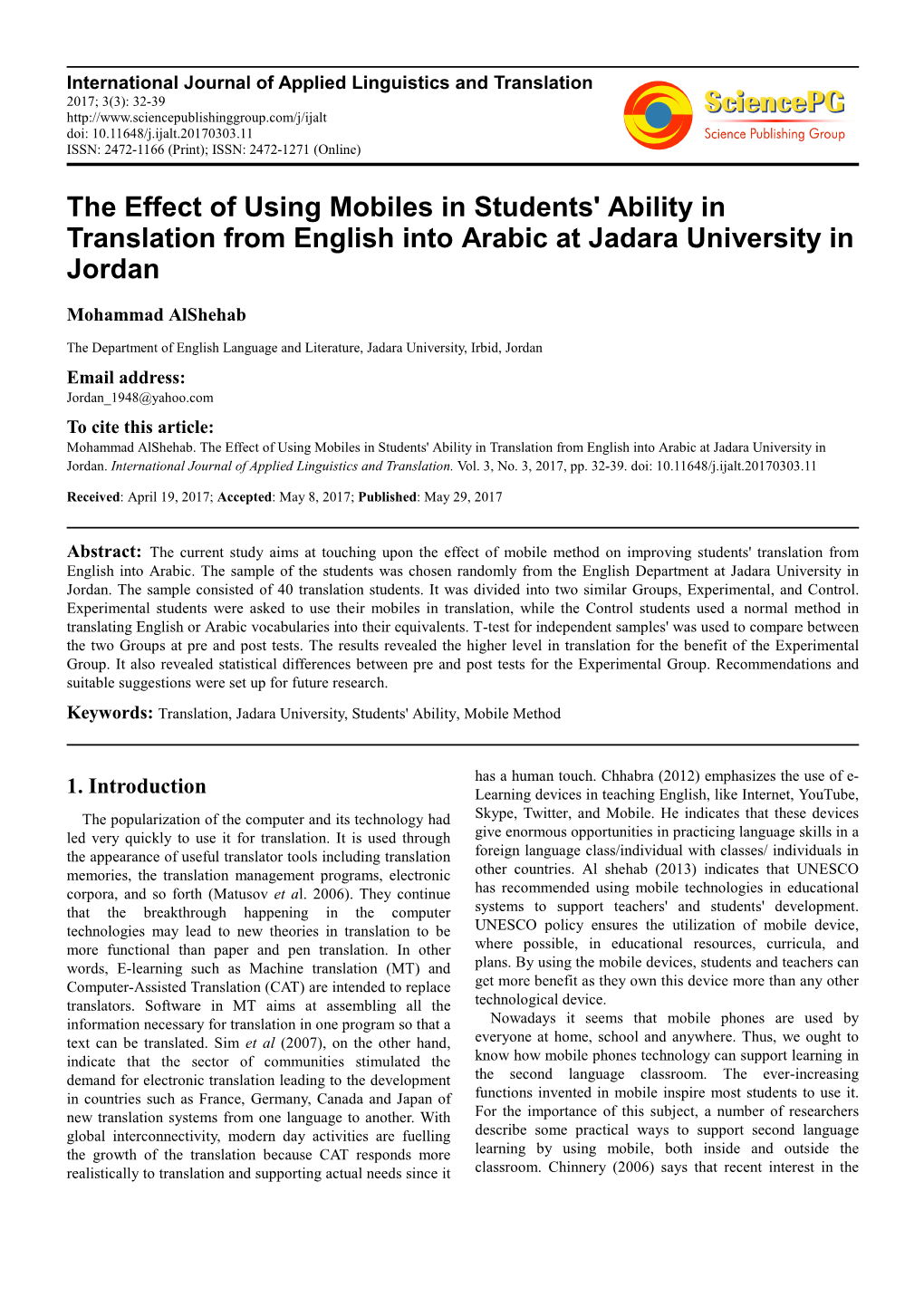 The Effect of Using Mobiles in Students' Ability in Translation from English Into Arabic at Jadara University in Jordan