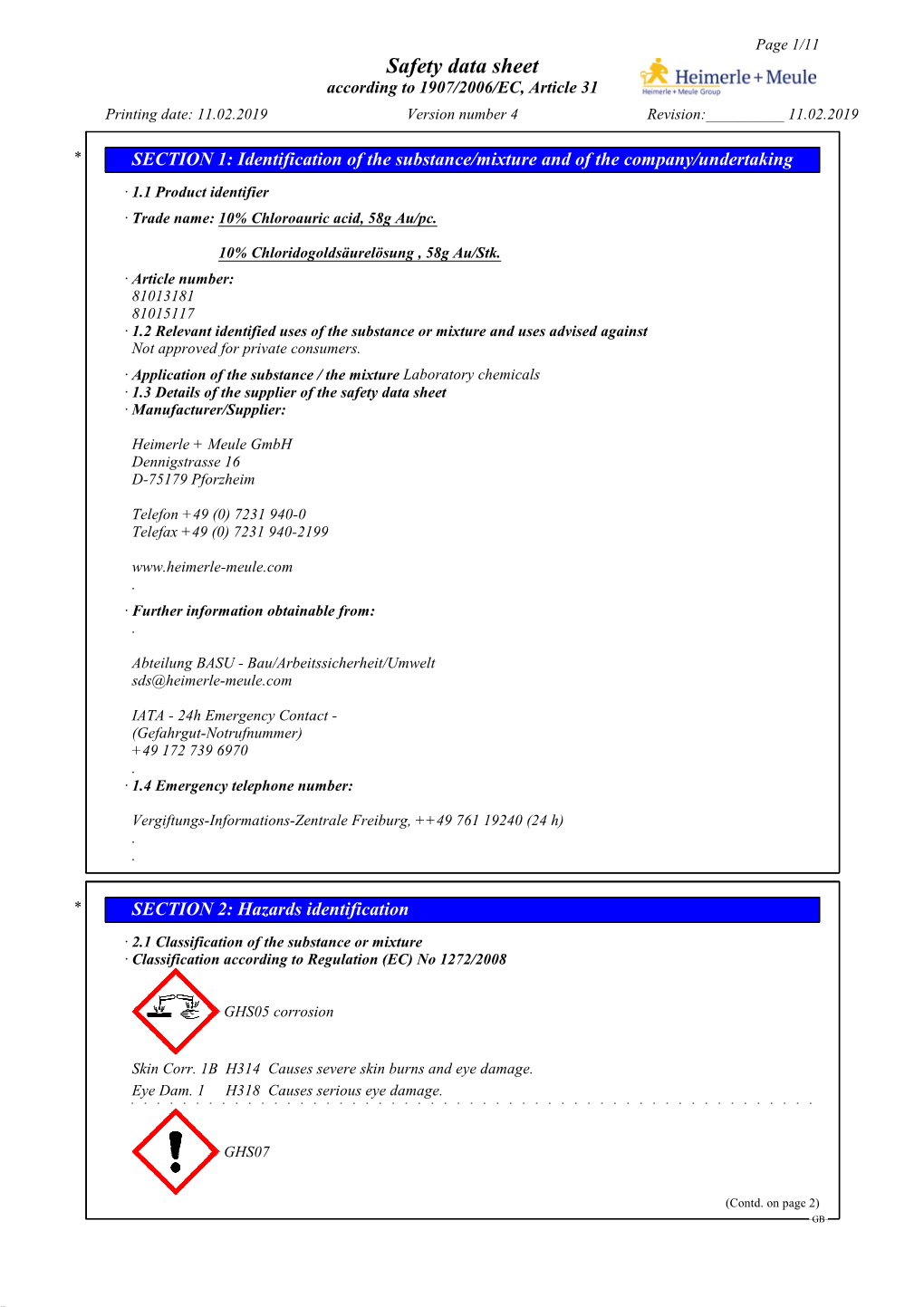 Safety Data Sheet According to 1907/2006/EC, Article 31 Printing Date: 11.02.2019 Version Number 4 Revision:______11.02.2019
