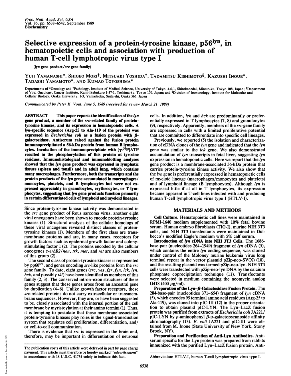 Selective Expression of a Protein-Tyrosine Kinase, P56y In,Jn