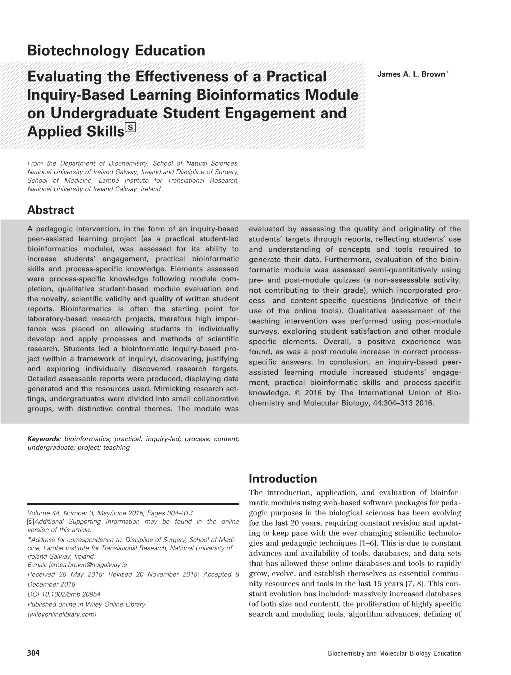 Based Learning Bioinformatics Module on Undergraduate Student Engagement and Applied Skillsws