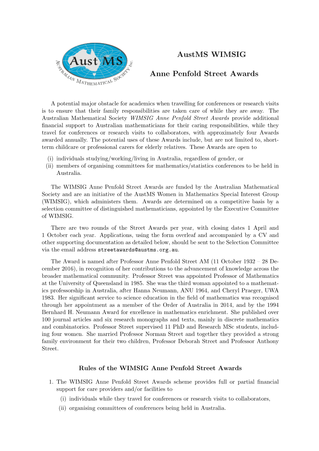 Austms WIMSIG Anne Penfold Street Awards Application