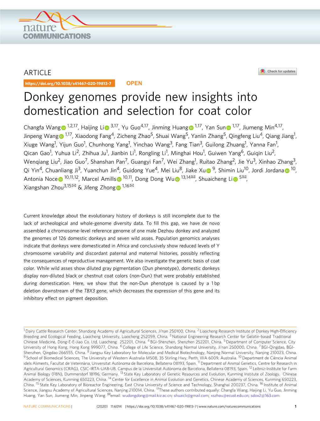 Donkey Genomes Provide New Insights Into Domestication and Selection for Coat Color