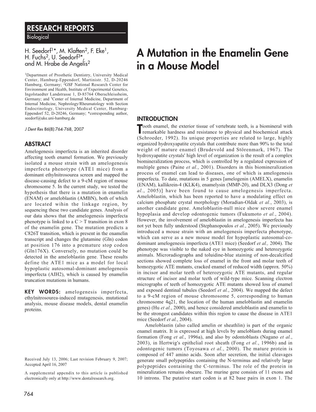 A Mutation in the Enamelin Gene in a Mouse Model