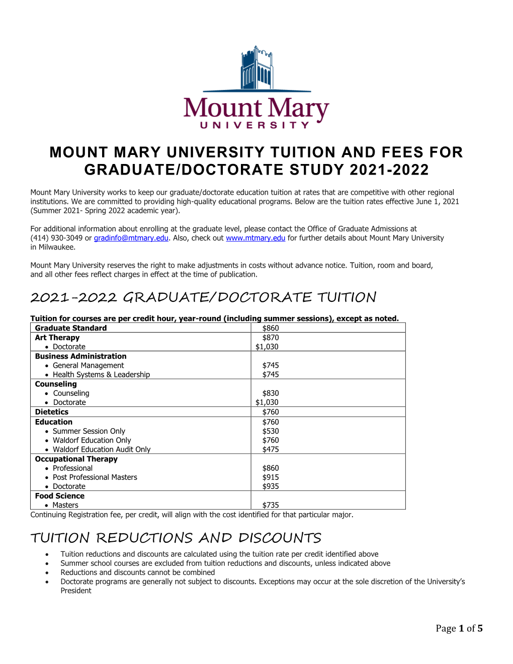 Mount Mary University Tuition and Fees for Graduate/Doctorate Study 2021-2022