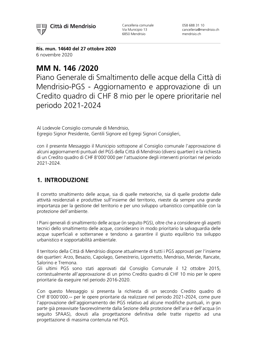 MM N. 146 /2020 Piano Generale Di Smaltimento Delle Acque Della Città