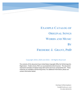 Example Catalog of Original Songs Words and Music Frederic J. Grant