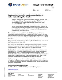 Saab Receives Order for Maintenance of Airborne Radar System Erieye for Sweden