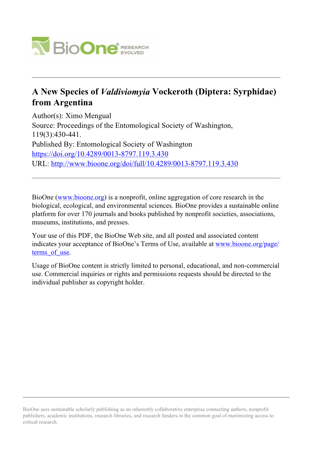 A New Species of Valdiviomyia Vockeroth (Diptera: Syrphidae) From