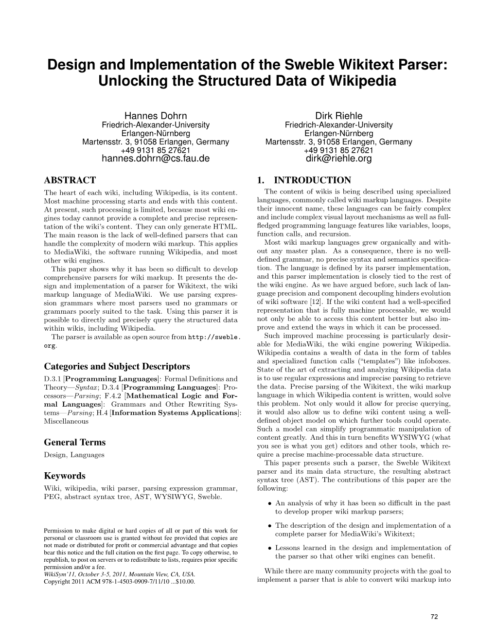 Design and Implementation of the Sweble Wikitext Parser: Unlocking the Structured Data of Wikipedia