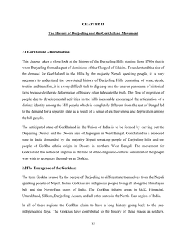 CHAPTER II the History of Darjeeling and the Gorkhaland Movement 2.1