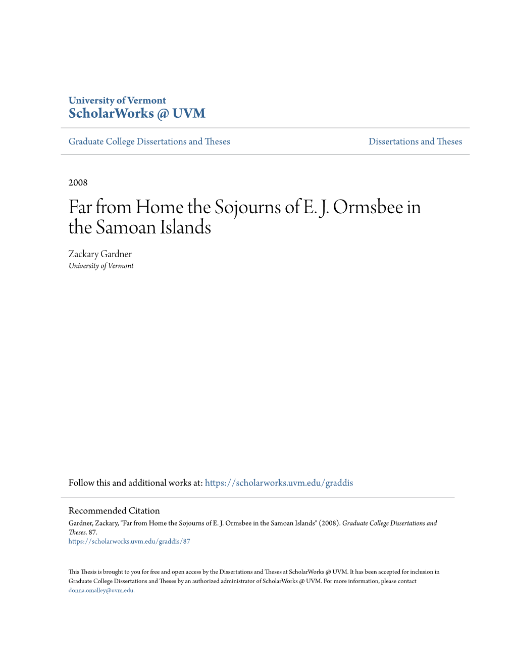 Far from Home the Sojourns of E. J. Ormsbee in the Samoan Islands Zackary Gardner University of Vermont