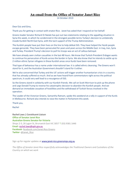 An Email from the Office of Senator Janet Rice 14 October 2019