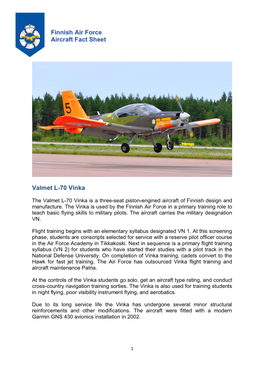 Finnish Air Force Aircraft Fact Sheet Valmet L-70 Vinka