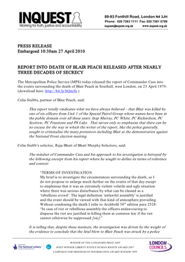 PRESS RELEASE Embargoed 10:30Am 27 April 2010 REPORT INTO DEATH of BLAIR PEACH RELEASED AFTER NEARLY THREE DECADES of SECRECY